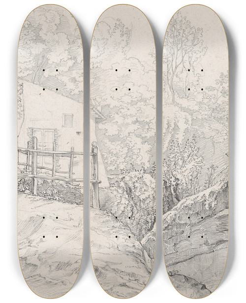 Triptych art skateboard deck of Johann Martin Von Rohden A House Near A Grotto And A Roadside Chapel At Lake Nemi With A View Of Genzano From The North by Johann Martin Von Rohden (1778-1868)