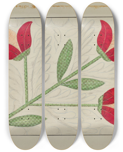 Triptych art skateboard deck of Margaret Linsley Quilt Appliqued In Bellflower Design_2 by Margaret Linsley