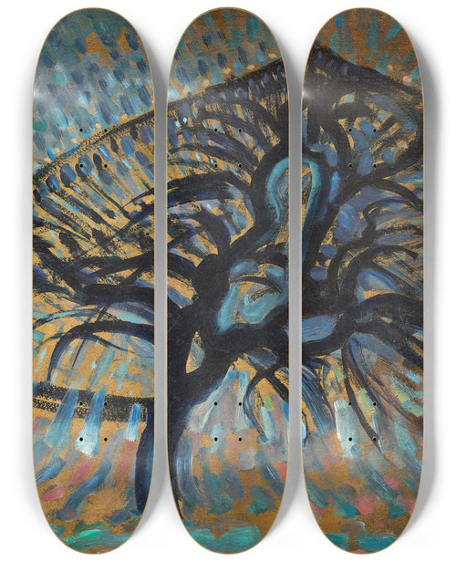 Triptych art skateboard deck of Piet Mondrian Apple Tree Pointillist Version by Piet Mondrian (1872-1944)