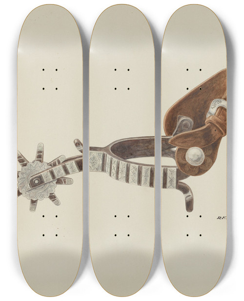 Triptych art skateboard deck of Randolph F Miller Spur by Randolph F Miller