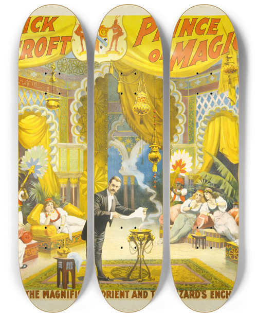 Triptych art skateboard deck of Strobridge Co Lith Frederick Bancroft Prince Of Magicians by Strobridge Co Lith (1847)