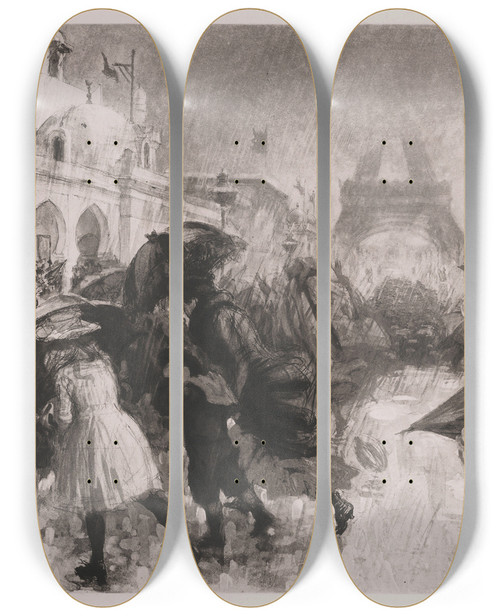 Triptych art skateboard deck of Charles Paul Renouard Pluie Dorage Jardin Du Trocadero by Charles Paul Renouard (1845-1924)