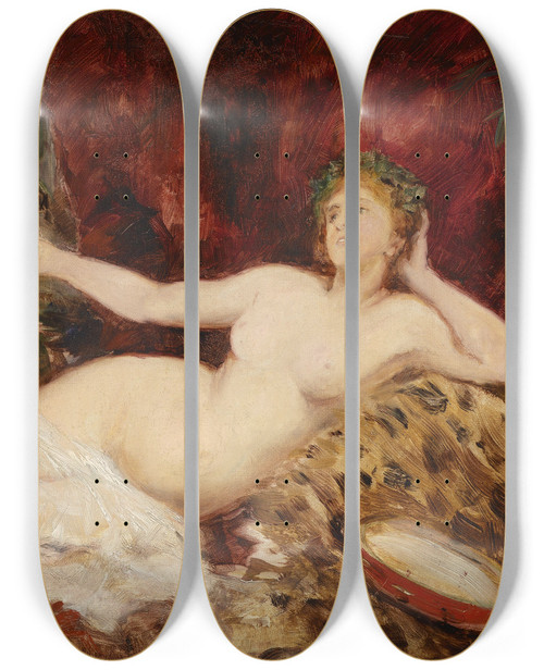 Triptych art skateboard deck of Hans Makart Ruhende Bacchantin by Hans Makart (1840-1884)