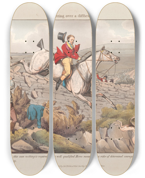 Triptych art skateboard deck of Henry Thomas Alken Foxhunting Some Do And Some Dont It Is All A Notion Getting Over A Difficulty by Henry Thomas Alken (1785-1851)