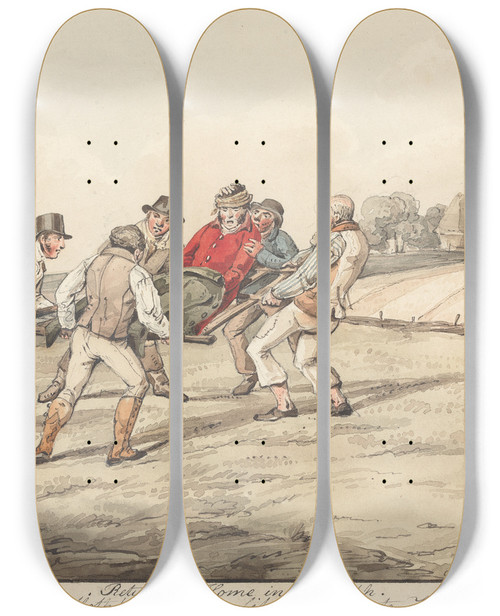 Triptych art skateboard deck of Henry Thomas Alken Qualified Horses And Unqualified Riders Returning Home In Triumph He Disdaind A Slothful Easey Life So Took To Hunting by Henry Thomas Alken (1785-1851)