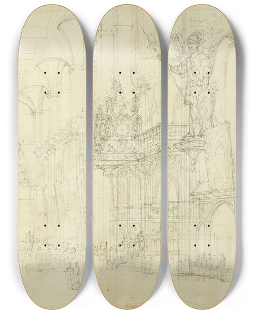 Triptych art skateboard deck of Augustus Charles Pugin Study For Guild Hall From Microcosm Of London by Augustus Charles Pugin (1762-1832)