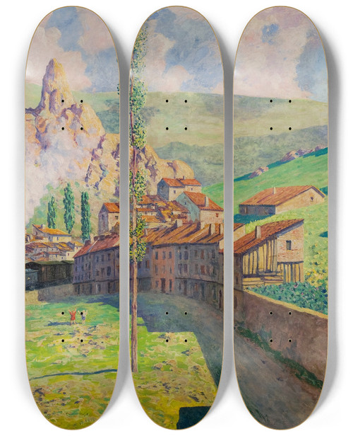 Triptych art skateboard deck of Daro De Regoyos Pancorbo Passing Train by Daro de Regoyos (1857-1913)