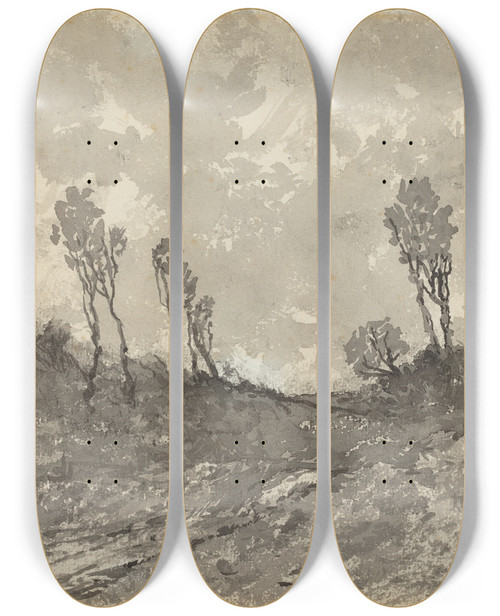 Triptych art skateboard deck of Henrijoseph Harpignies Road At Hrisson by Henri Joseph Harpignies (1819-1916)