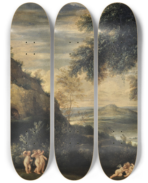 Triptych art skateboard deck of Francesco Albani Landscape With Venus And Cupids by Francesco Albani (1578-1660)