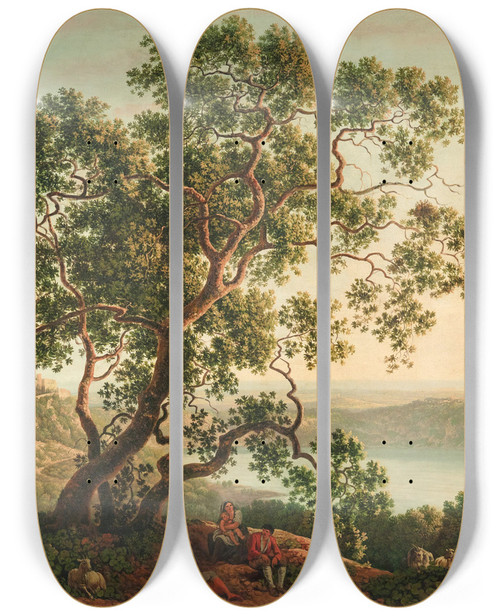 Triptych art skateboard deck of Carlo Labruzzi The Lago Nemi At Twilight With Figures And A Flock Of Goats Resting In The Foreground by Carlo Labruzzi (1748-1817)