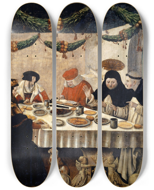 Triptych art skateboard deck of Niklaus Manuel Saint Thomas Of Aquin At The Table Of King Louis The Saint by Niklaus Manuel (1484-1530)