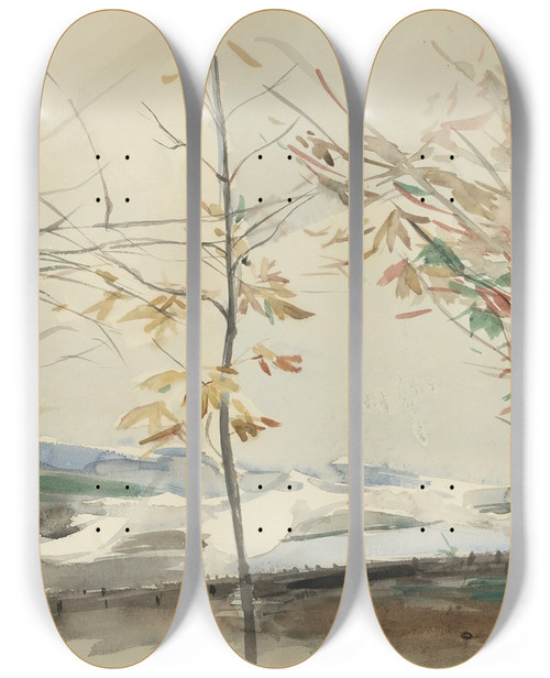 Triptych art skateboard deck of Giovanni Boldini Autumn Landscape With Trees by Giovanni Boldini (1842-1931)