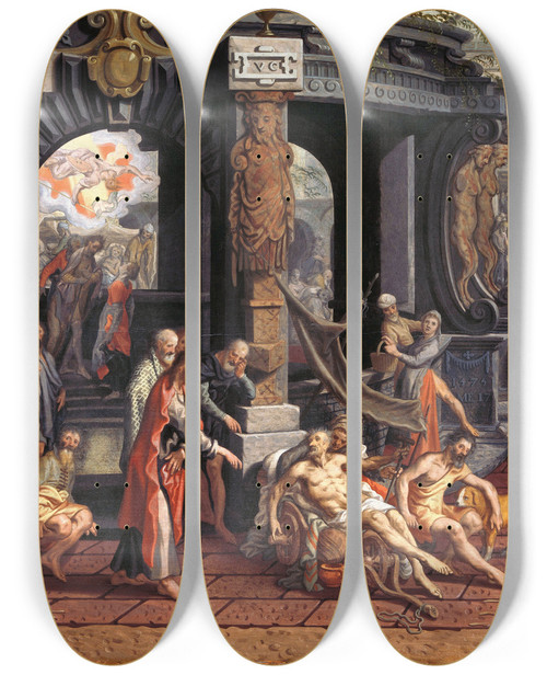 Triptych art skateboard deck of Pieter Aertsen The Healing Of The Paralyticpool Of Bethesda by Pieter Aertsen (1508-1575)