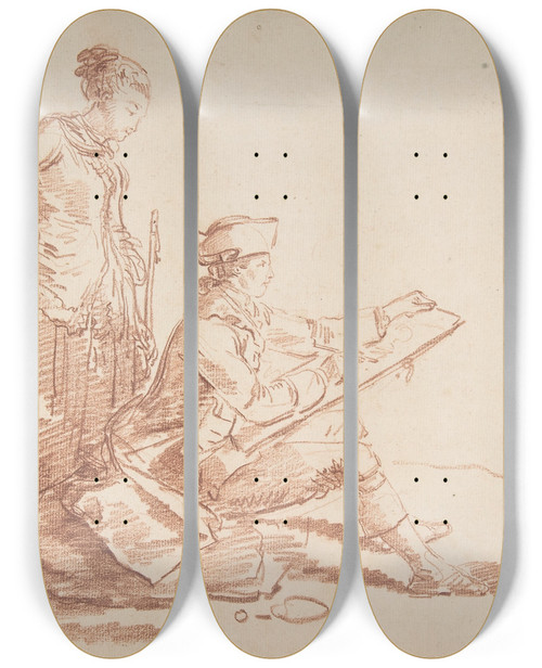 Triptych art skateboard deck of Hubert Robert Artist Sketching A Young Girl by Hubert Robert (1733-1808)