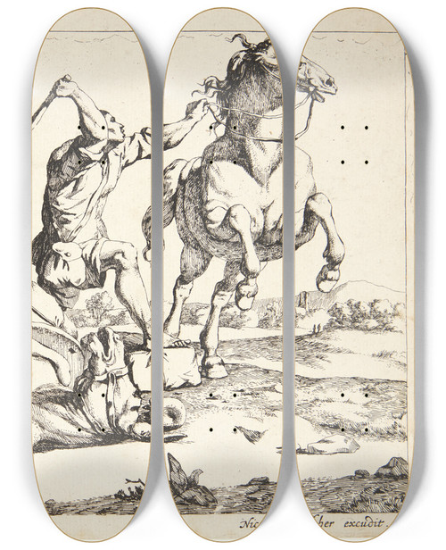 Triptych art skateboard deck of Marcus De Bye Seldriver Der Slr En Hest Fablen Om Slet Og Hesten by Marcus de Bye (1638-1688)