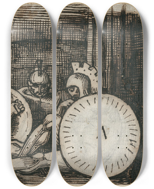 Triptych art skateboard deck of David Humbert De Superville Groep Zittende Krijgers Met Klassieke Wapenrusting by David Humbert De Superville (1770-1849)
