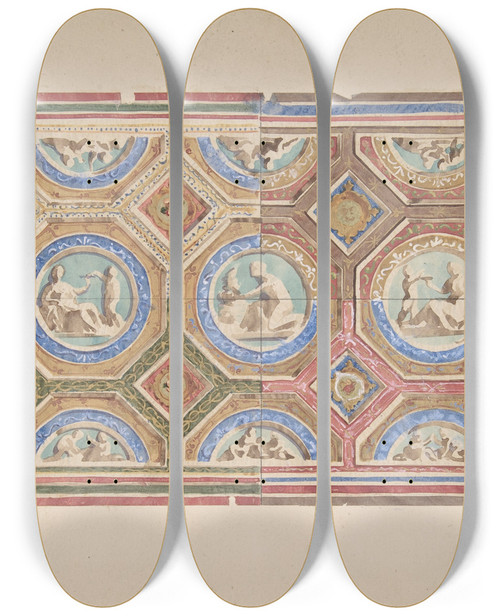 Triptych art skateboard deck of Julesedmondcharles Lachaise Design For Coffered Ceiling In Four Alternate Color Schemes Empress Eugenies Hotel by Jules-Edmond-Charles Lachaise (1897)