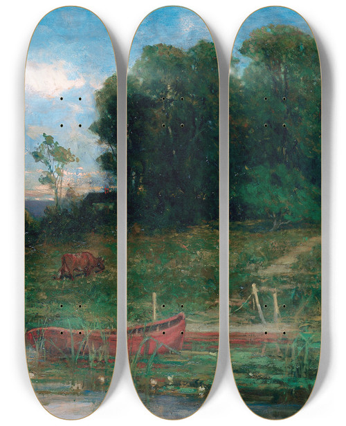 Triptych art skateboard deck of Edward Mitchell Bannister The Farm Landing by Edward Mitchell Bannister (1828-1901)