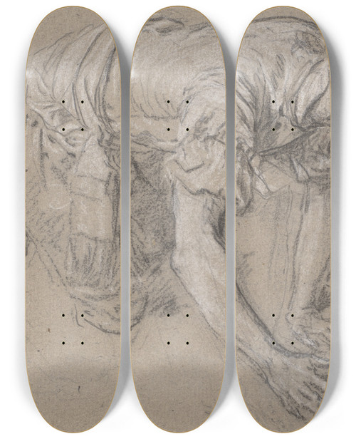 Triptych art skateboard deck of Nicolas Lancret Auf Allen Vieren Am Boden Hockender Mann Mit Kken Spielender Bursche_2 by Nicolas Lancret (1690-1743)