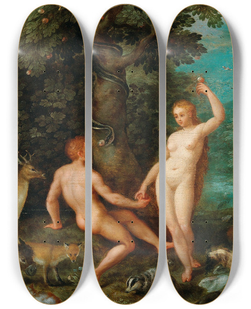 Triptych art skateboard deck of Jan Brueghel The Elder The Temptation Of Adam In Paradise by Jan Brueghel The Elder (1568-1625)