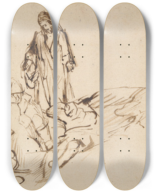 Triptych art skateboard deck of Philips Koninck Study Of Christ And The Sleepingapostles by Philips Koninck (1619-1688)