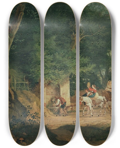 Triptych art skateboard deck of Adrian Ludwig Richter The Well In The Wood At Ariccia by Adrian Ludwig Richter (1803-1884)