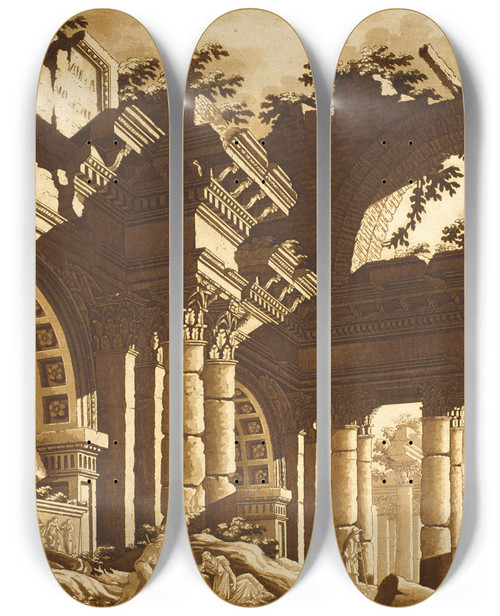Triptych art skateboard deck of Lodovico Pozzetti Ruins Of A Temple by Lodovico Pozzetti (1782-1854)