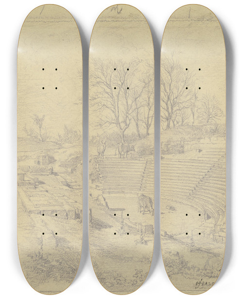 Triptych art skateboard deck of Johann Heinrich Hasselhorst Amphitheater In Pompeii by Johann Heinrich Hasselhorst (1825-1904)