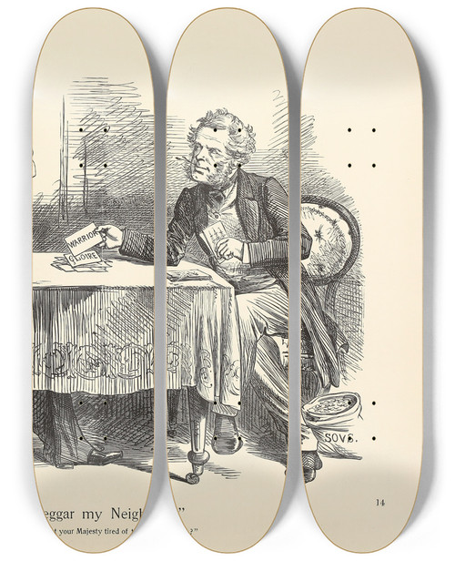 Triptych art skateboard deck of Sir John Tenniel Beggar My Neighbour by Sir John Tenniel (1820-1914)