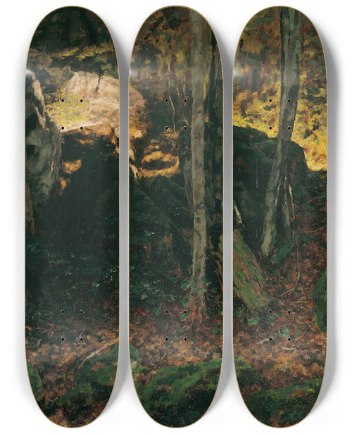Triptych art skateboard deck of Carl Schuch Waldinneres Bei Saut Du Doubs by Carl Schuch (1846-1903)
