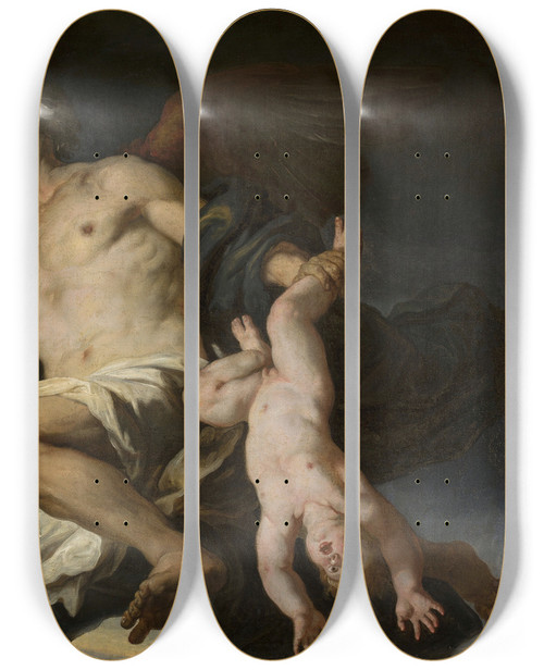 Triptych art skateboard deck of Giovanni Francesco Romanelli Chronos by Giovanni Francesco Romanelli (1610-1662)