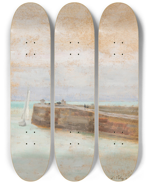 Triptych art skateboard deck of Jzef Pankiewicz Entrance To The Harbour At St Valery En Caux by Jozef Pankiewicz (1866-1940)