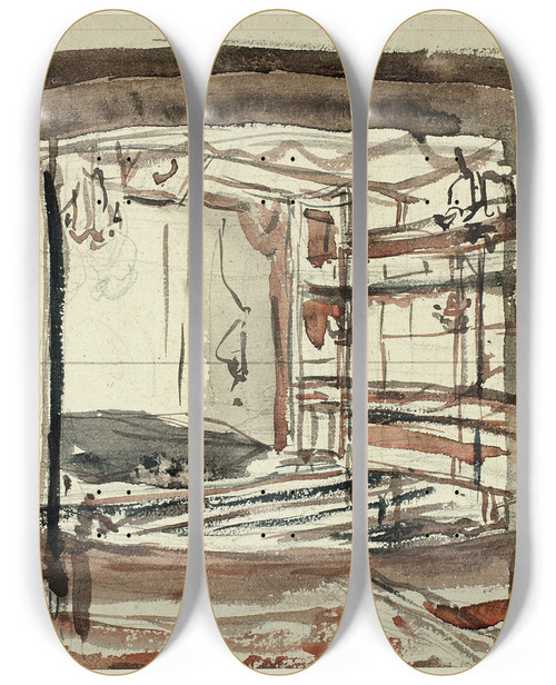 Triptych art skateboard deck of Augustus Charles Pugin Study For Sadlers Wells Theater_1 by Augustus Charles Pugin (1762-1832)
