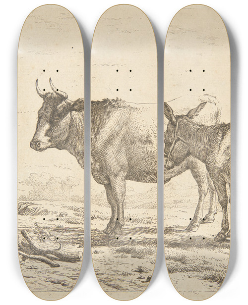 Triptych art skateboard deck of Karel Dujardin En Okse Og Et Sel by Karel Dujardin (1622-1678)