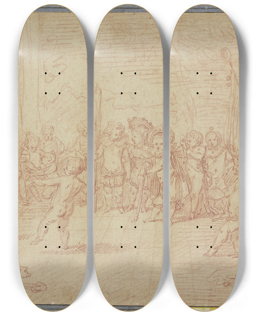 Triptych art skateboard deck of Jeanantoine Watteau Allegorie Des Winters Oder Kinder Parodieren Einen Ball by Jean-Antoine Watteau (1684-1721)