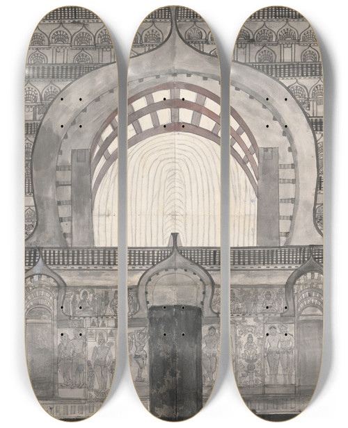 Triptych art skateboard deck of Gangaram Chintaman Tambat The Temple At Ekvera Karle by Gangaram Chintaman Tambat