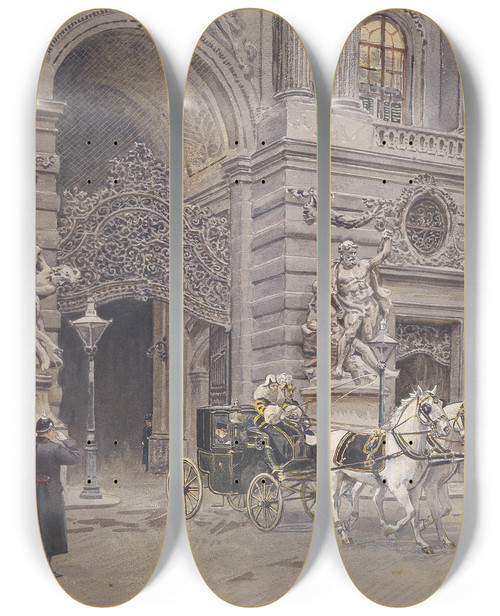 Triptych art skateboard deck of Ernst Graner Franz Joseph In Seiner Kutsche Aus Der Burg Kommend by Ernst Graner (1865-1943)