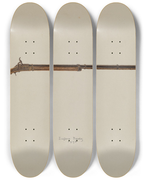 Triptych art skateboard deck of Eugene Bartz Gun by Eugene Bartz