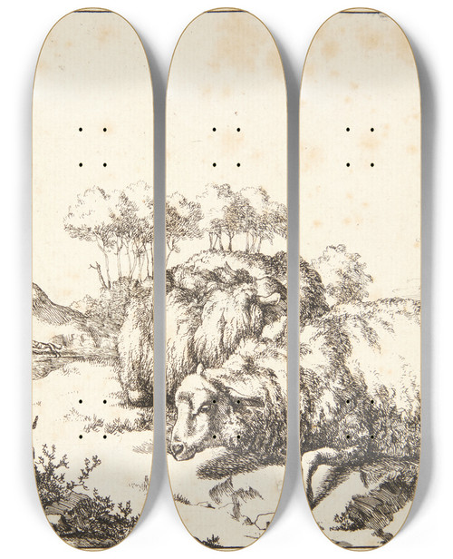 Triptych art skateboard deck of Marcus De Bye To Liggende Gimmer Den Ene Gravid by Marcus de Bye (1638-1688)