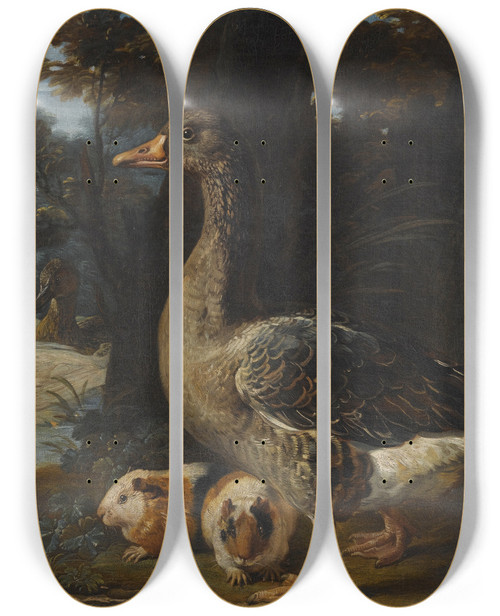 Triptych art skateboard deck of David De Coninck A Cockerel Hens Doves And A Parrot In Aformal Garden Setting by David De Coninck (1644-1701)