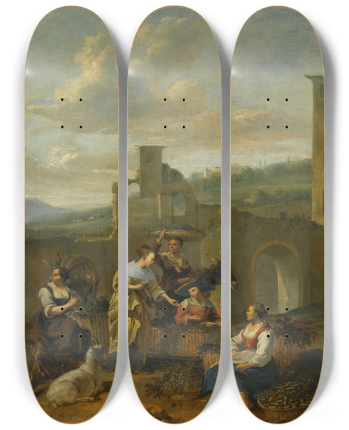 Triptych art skateboard deck of Hendrick Mommers An Italianate Landscape With Vegetable Sellers by Hendrick Mommers (1623-1693)