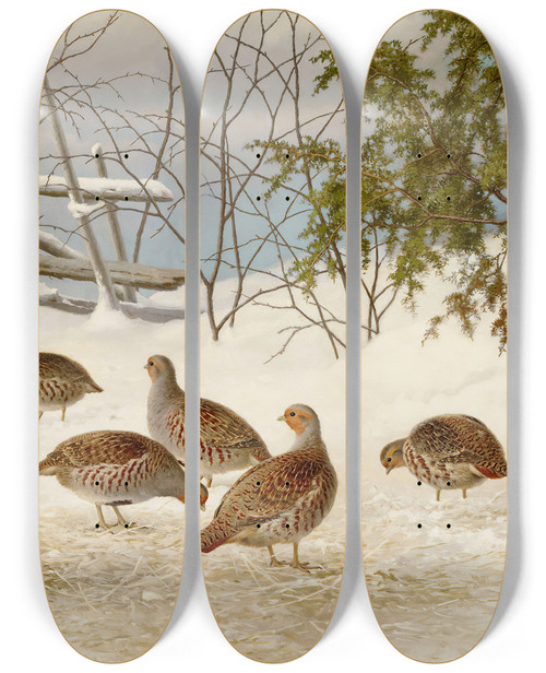 Triptych art skateboard deck of Ferdinand Von Wright Partridges In Snow by Ferdinand von Wright (1822-1906)