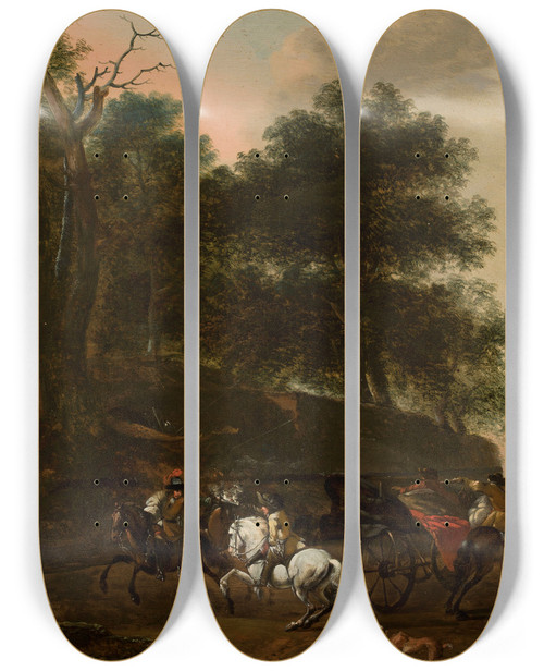 Triptych art skateboard deck of August Querfurt Assault On Travellers by August Querfurt (1696-1761)