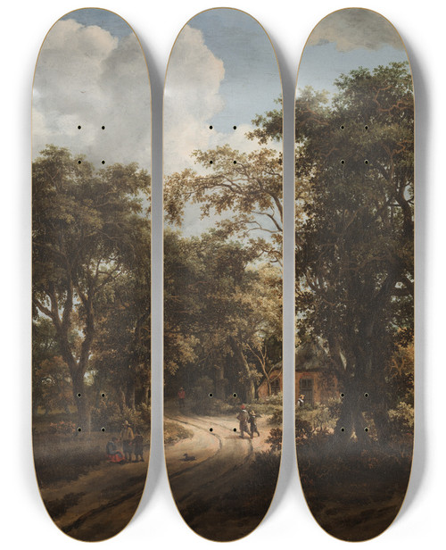 Triptych art skateboard deck of Meindert Hobbema A Cottage In The Woods by Meindert Hobbema (1638-1709)