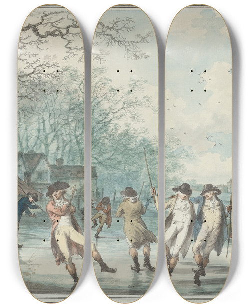 Triptych art skateboard deck of Julius Caesar Ibbetson Skaters On The Serpentine In Hyde Park by Julius Caesar Ibbetson (1759-1817)