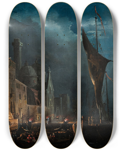 Triptych art skateboard deck of Ippolito Caffi A Venetian Gala Night by Ippolito Caffi (1809-1866)