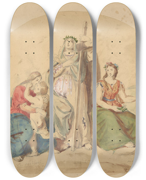 Triptych art skateboard deck of Jzef Simmler Studium Do Kompozycji Wiara Nadzieja I Mio by Jozef Simmler (1823-1868)