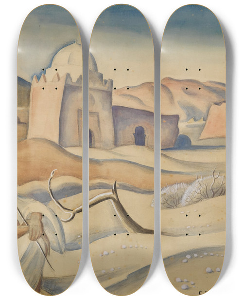 Triptych art skateboard deck of Gerda Wegener Shepherd In The Atlas Mountains by Gerda Wegener (1886-1940)