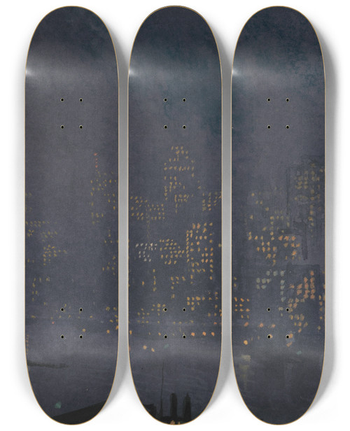 Triptych art skateboard deck of Joseph Pennell Skyscrapers At Night by Joseph Pennell (1857-1926)