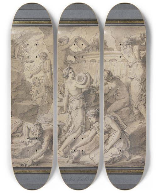 Triptych art skateboard deck of Charles Le Brun Das Fa Der Danaiden In Der Unterwelt by Charles Le Brun (1619-1690)